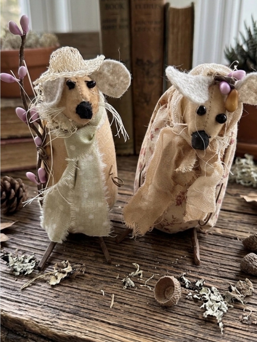 Rustic Beige Fabric Mouse Ornament Set - Neutral Country Accent